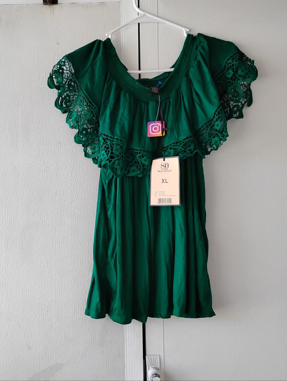 Embroidered Off-Shoulder Tunic Top in Emerald Green - XL